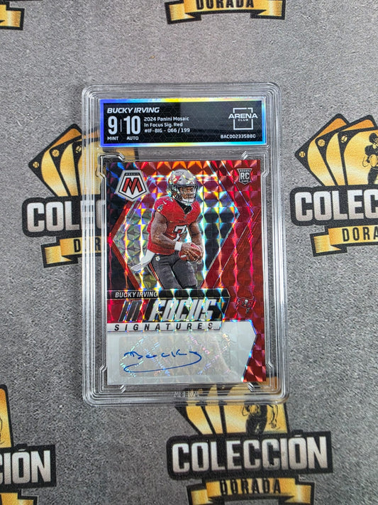 2024 Mosaic Bucky Irving In Focus Auto Red /199 Bucs Rookie Color Match Arena 9